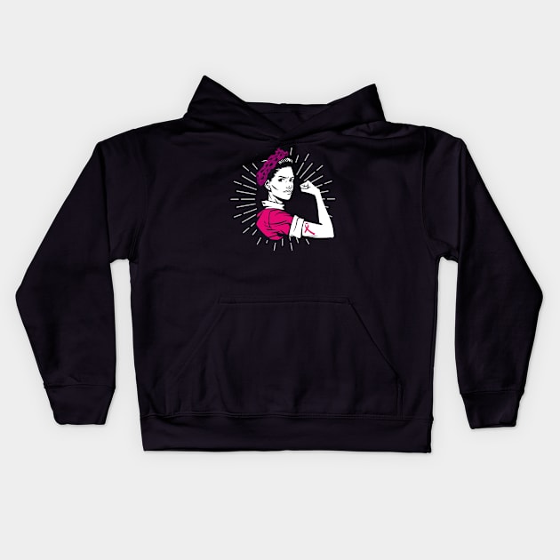 Breast Cancer fighter women Rosie awareness Kids Hoodie by Caskara